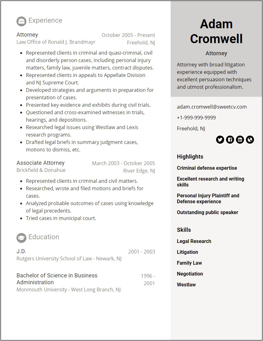 Lawyer Sample Resume Civil Law