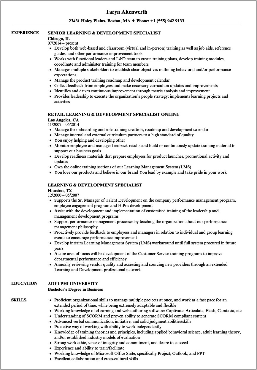 L&d Manager Sample Resume