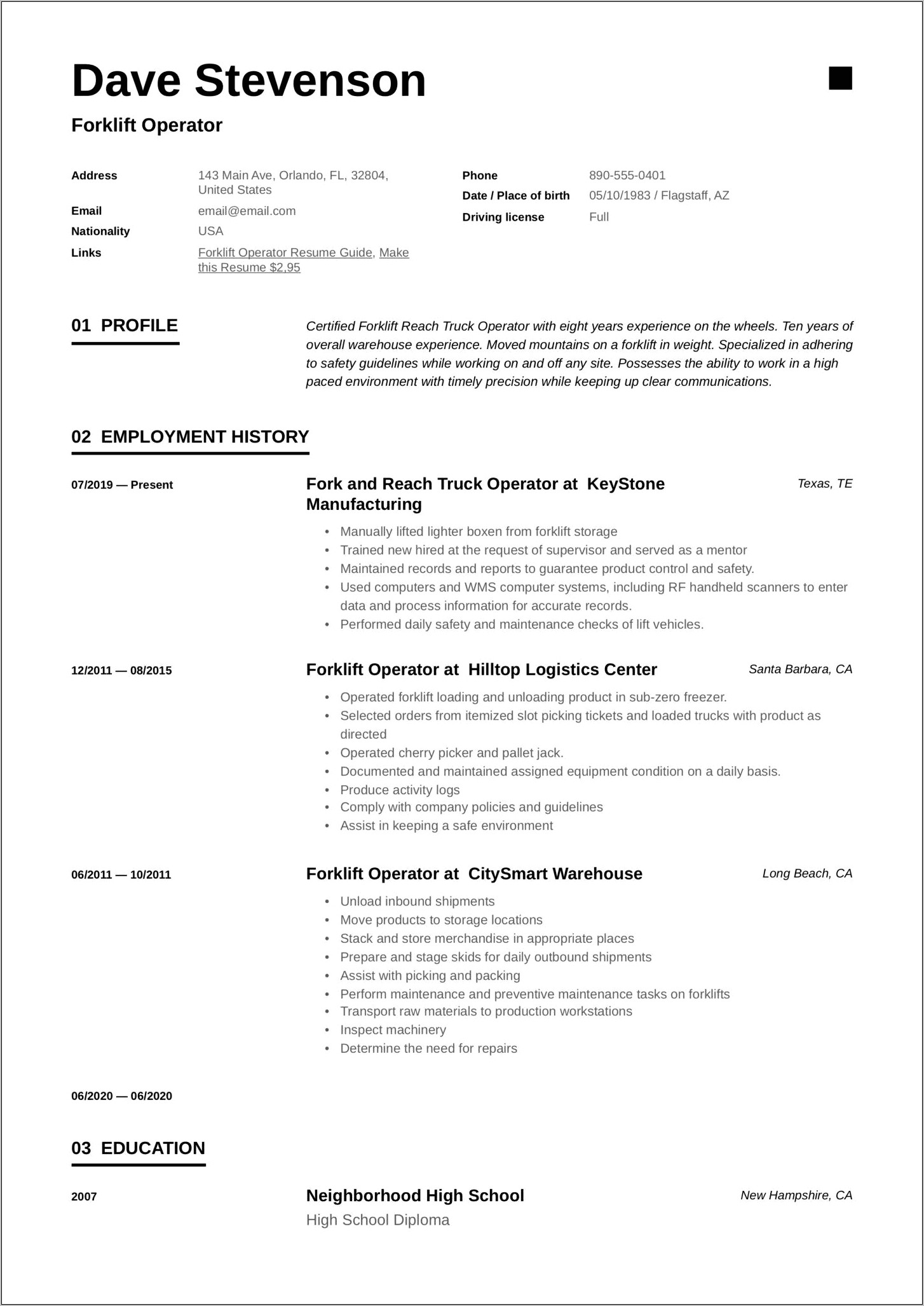 Lead Forklift Driver Sample Resume