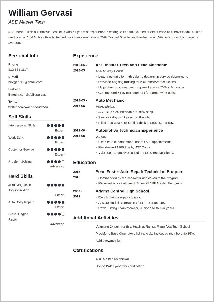 Lead Service Technician Resume Example