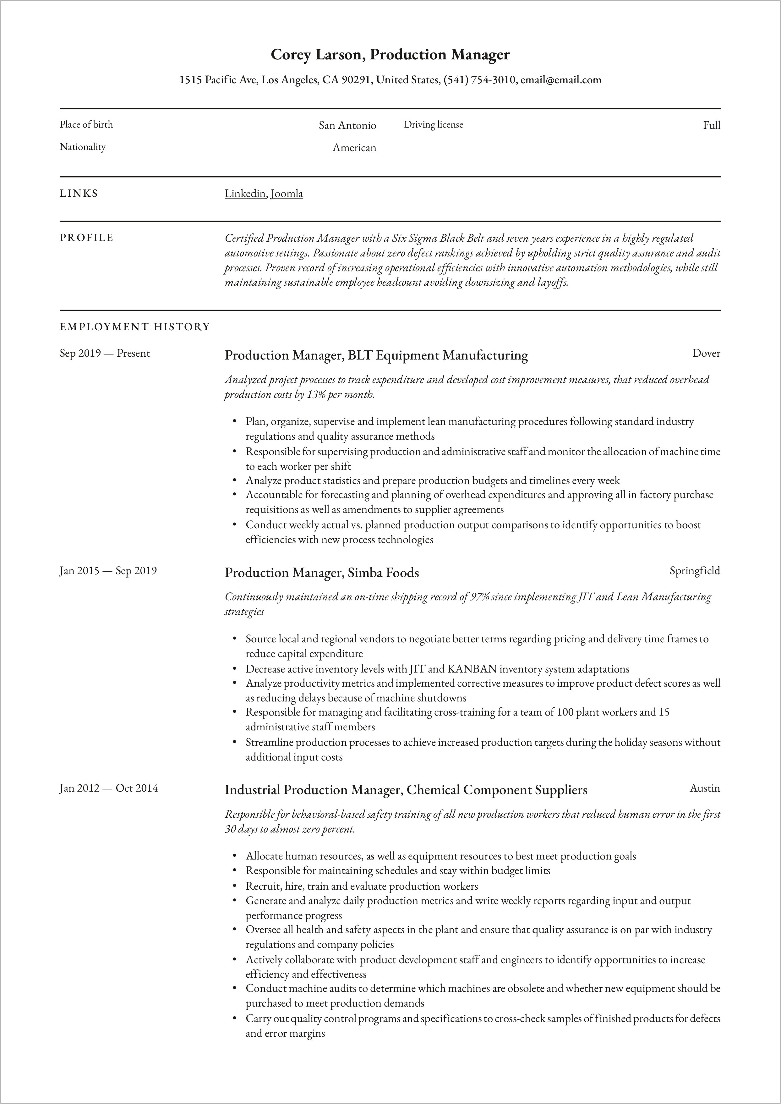 Lean Six Sigma Resume Samples