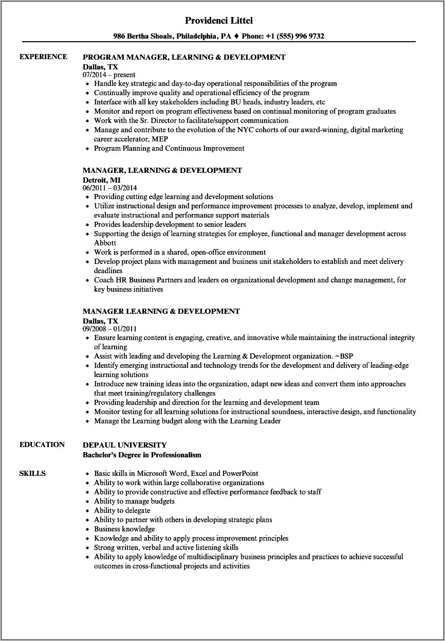 Learning And Development Manager Resume