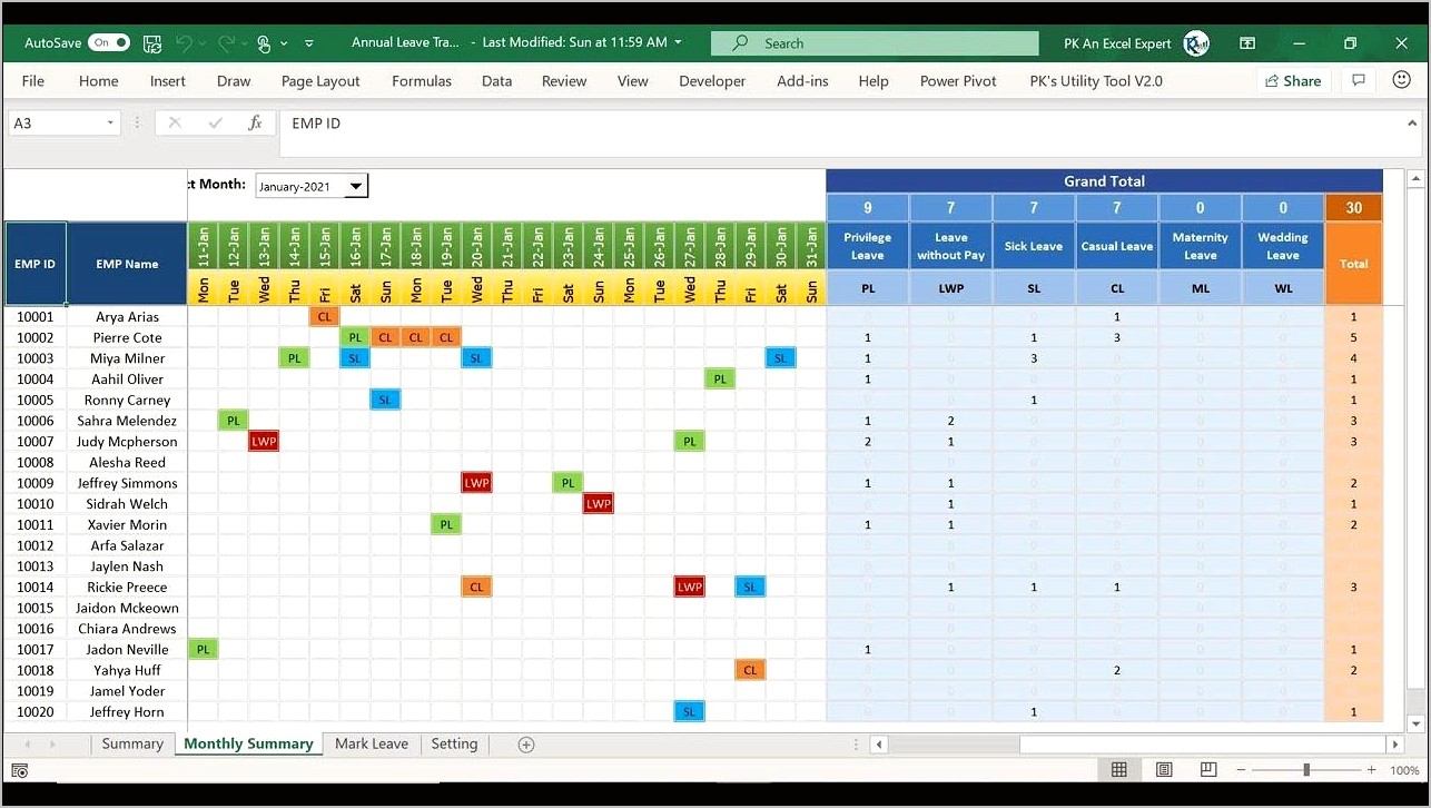 Leave Tracker Excel Template 2019 Download