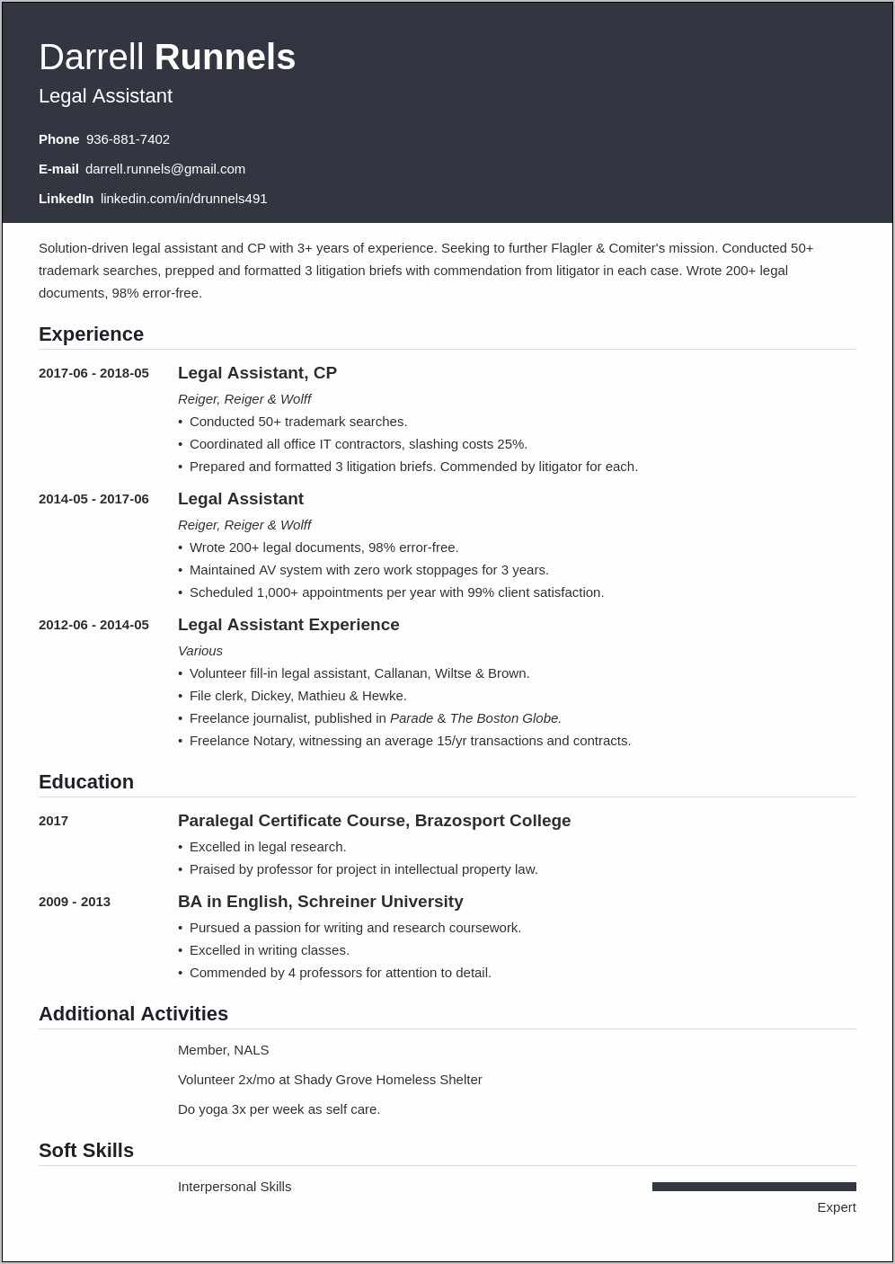 Legal Assistant Job On Resume