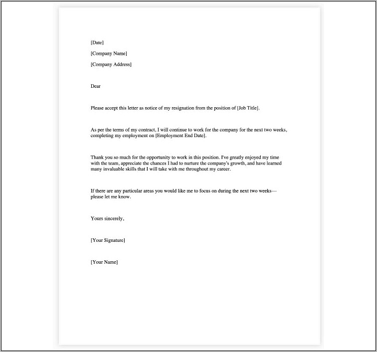 Letter Of Resignation Template Doc Download