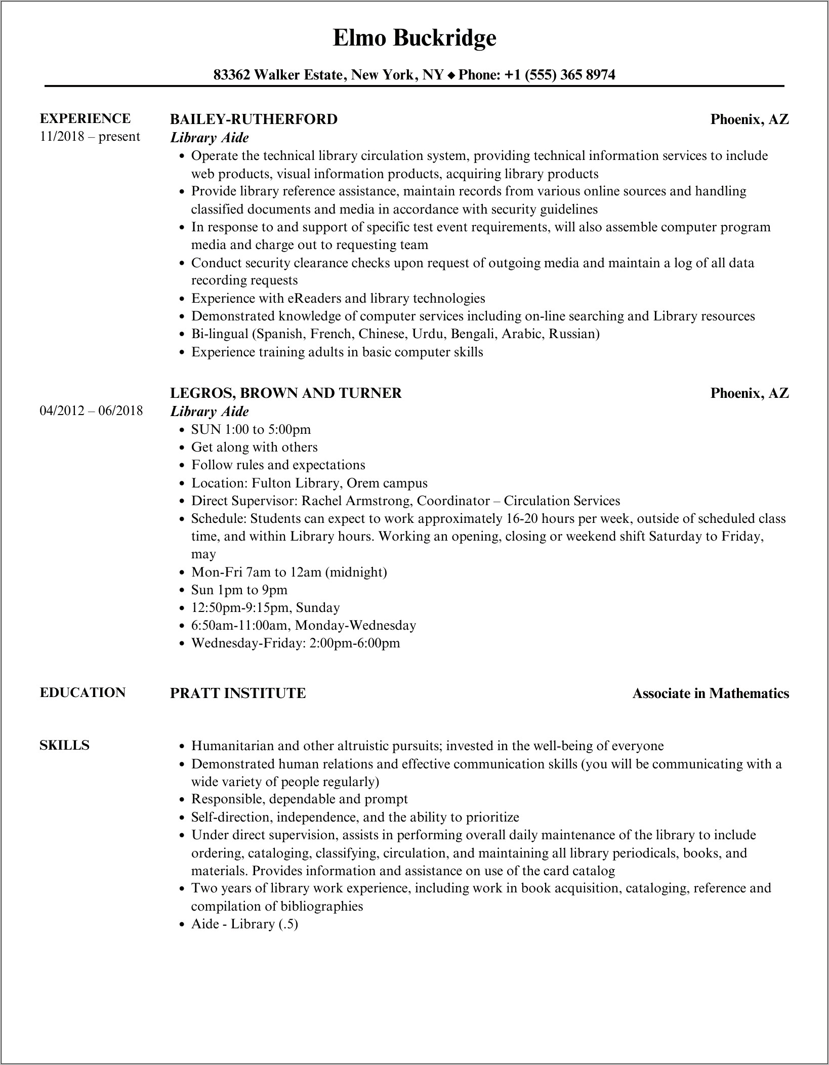 Library Aide Job Description Resume