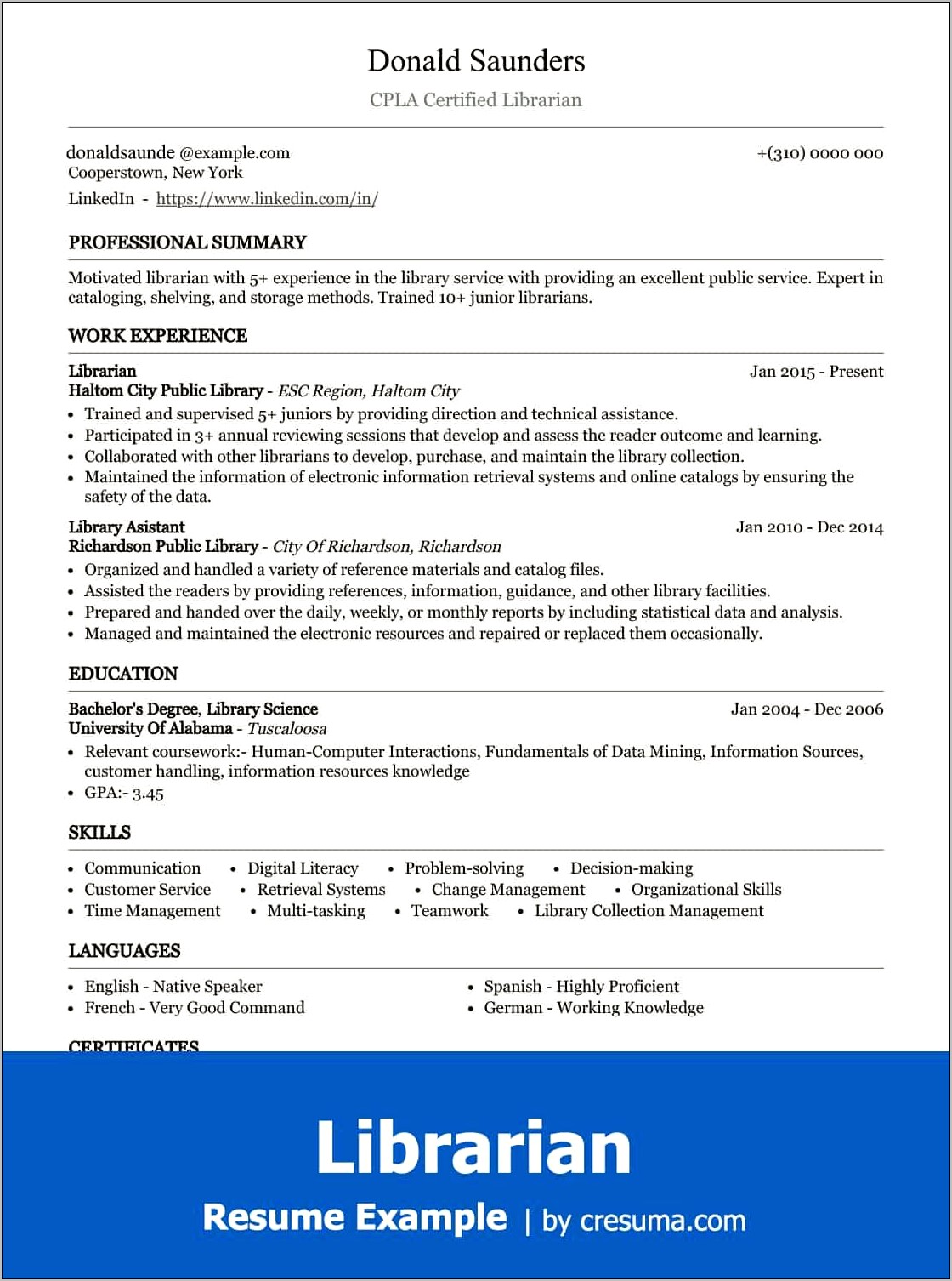 Library Computer Skills Resume Example