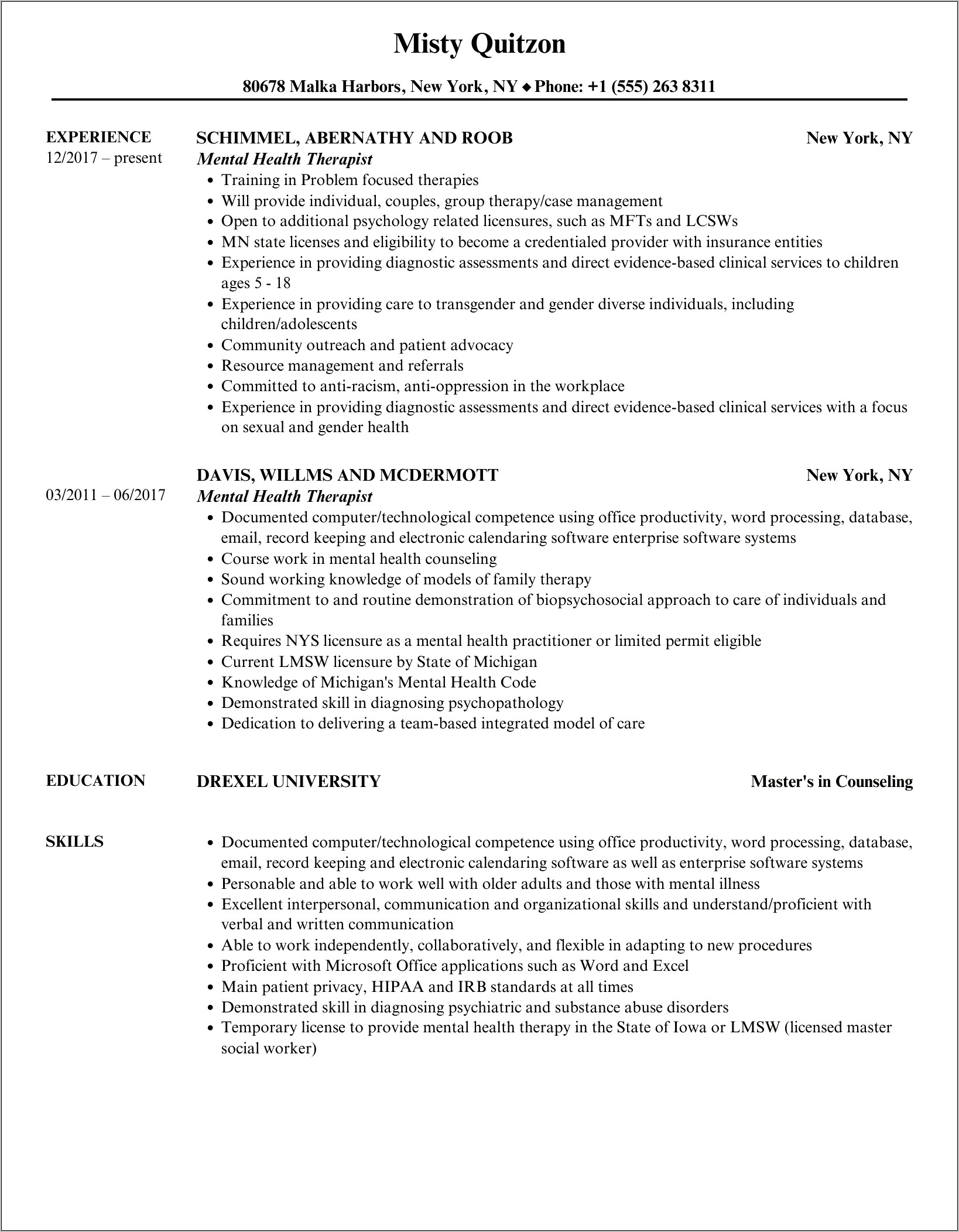 Licensed Professional Counselor Resume Example