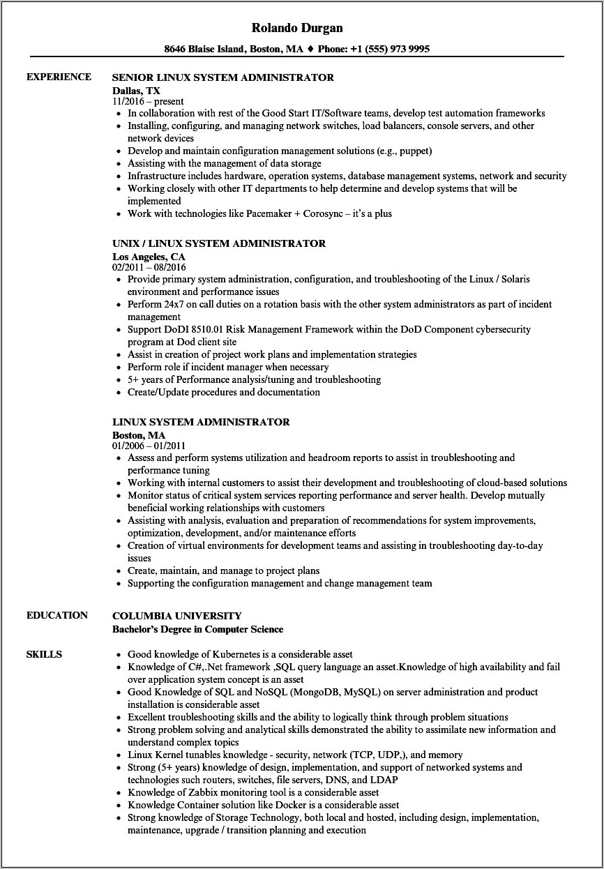 Linux Admin Sample Resume Hpoo