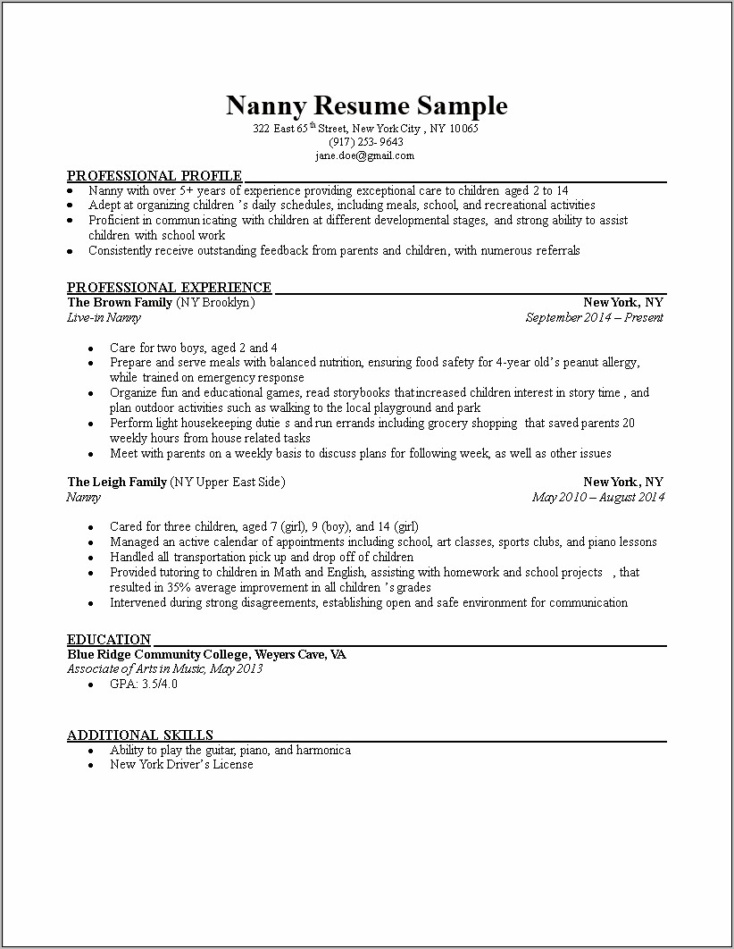 Live In Nanny Resume Sample