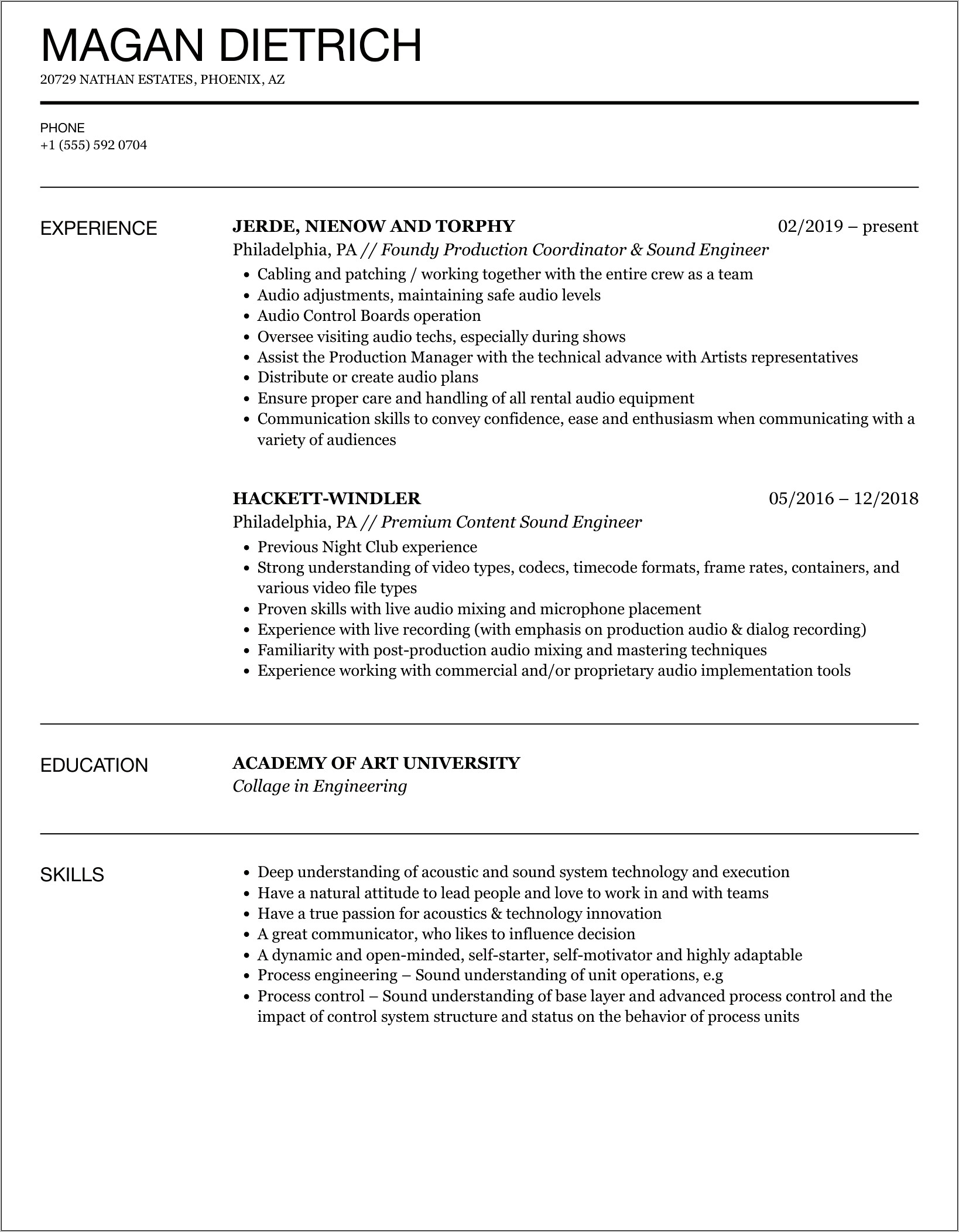 Live Sound Engineer Objective Resume