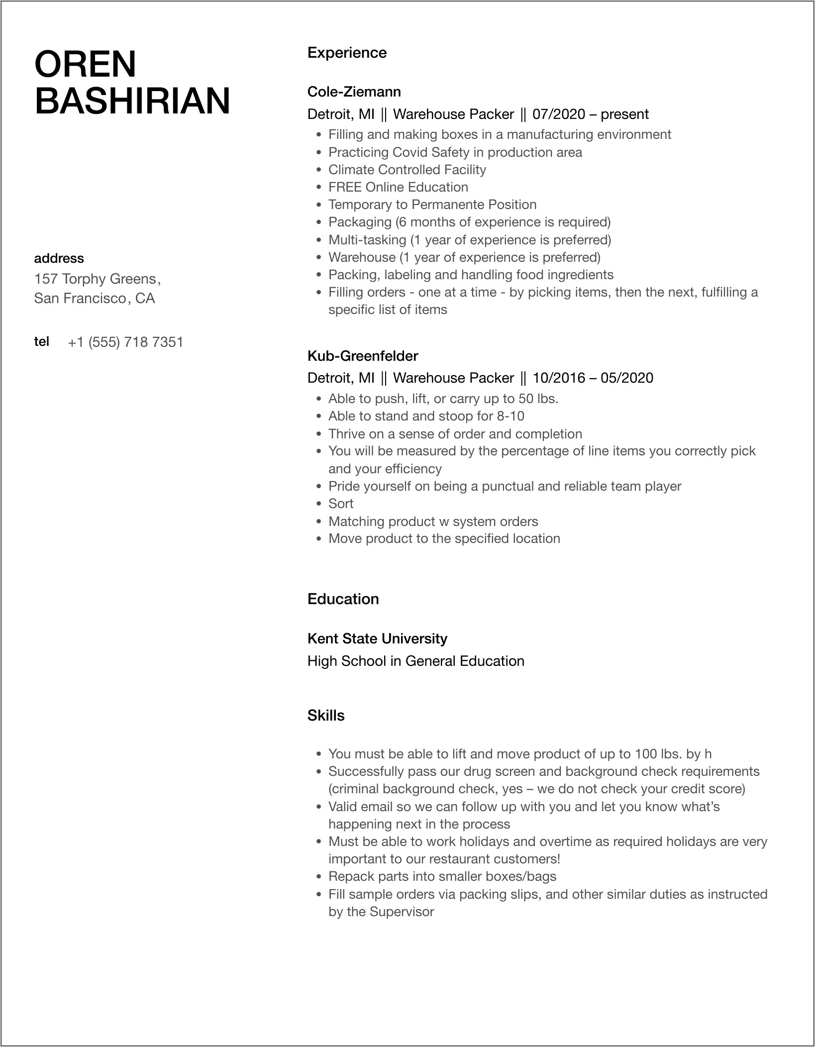 Loading And Packing Resume Samples