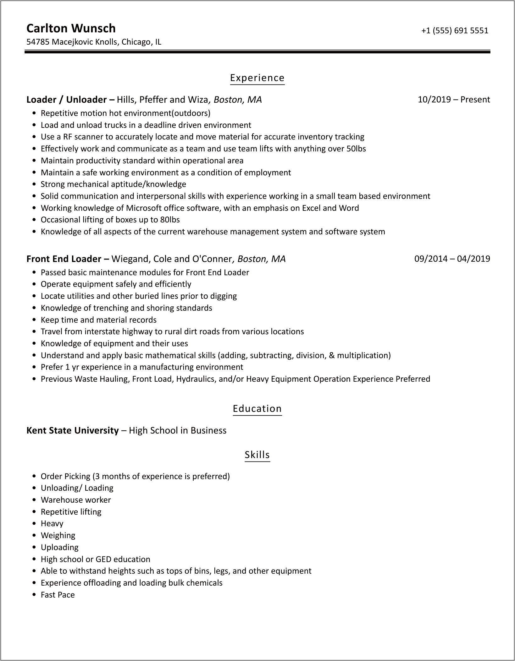 Loading And Unloading Resume Sample