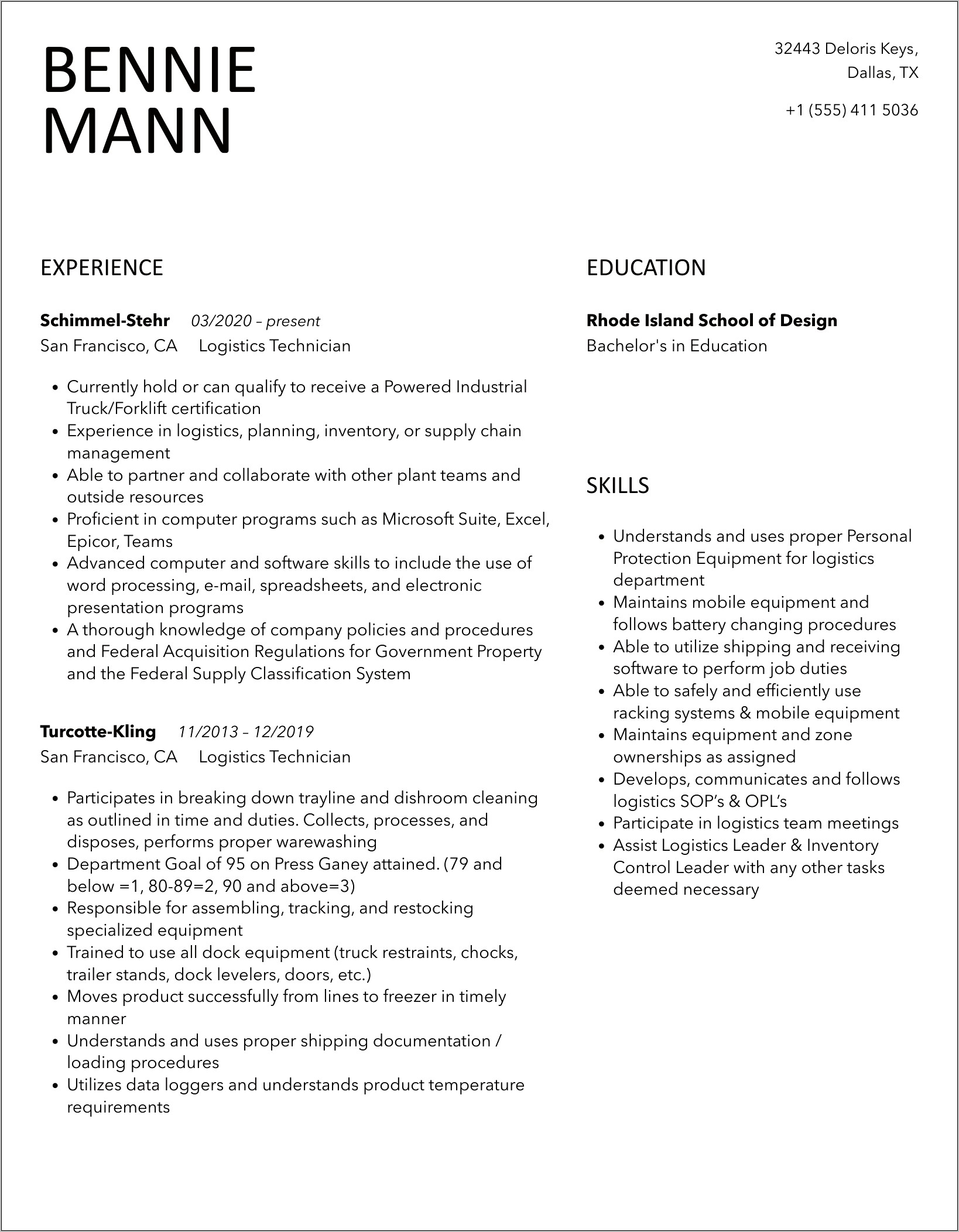 Logistic Technician Resume Sample Military