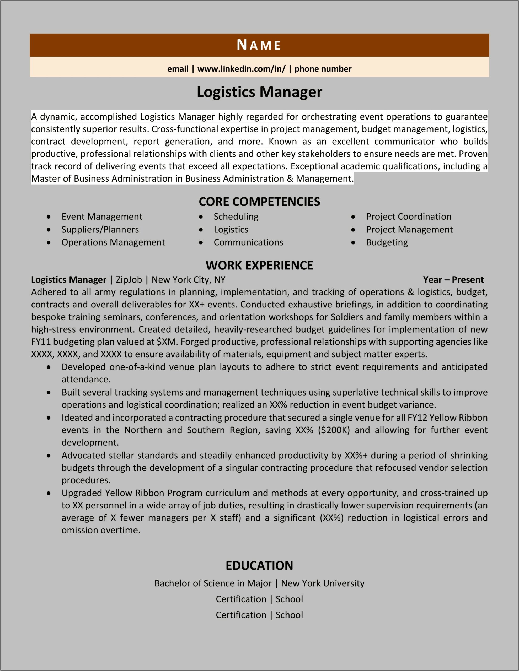 Logistics Operations Manager Resume Example