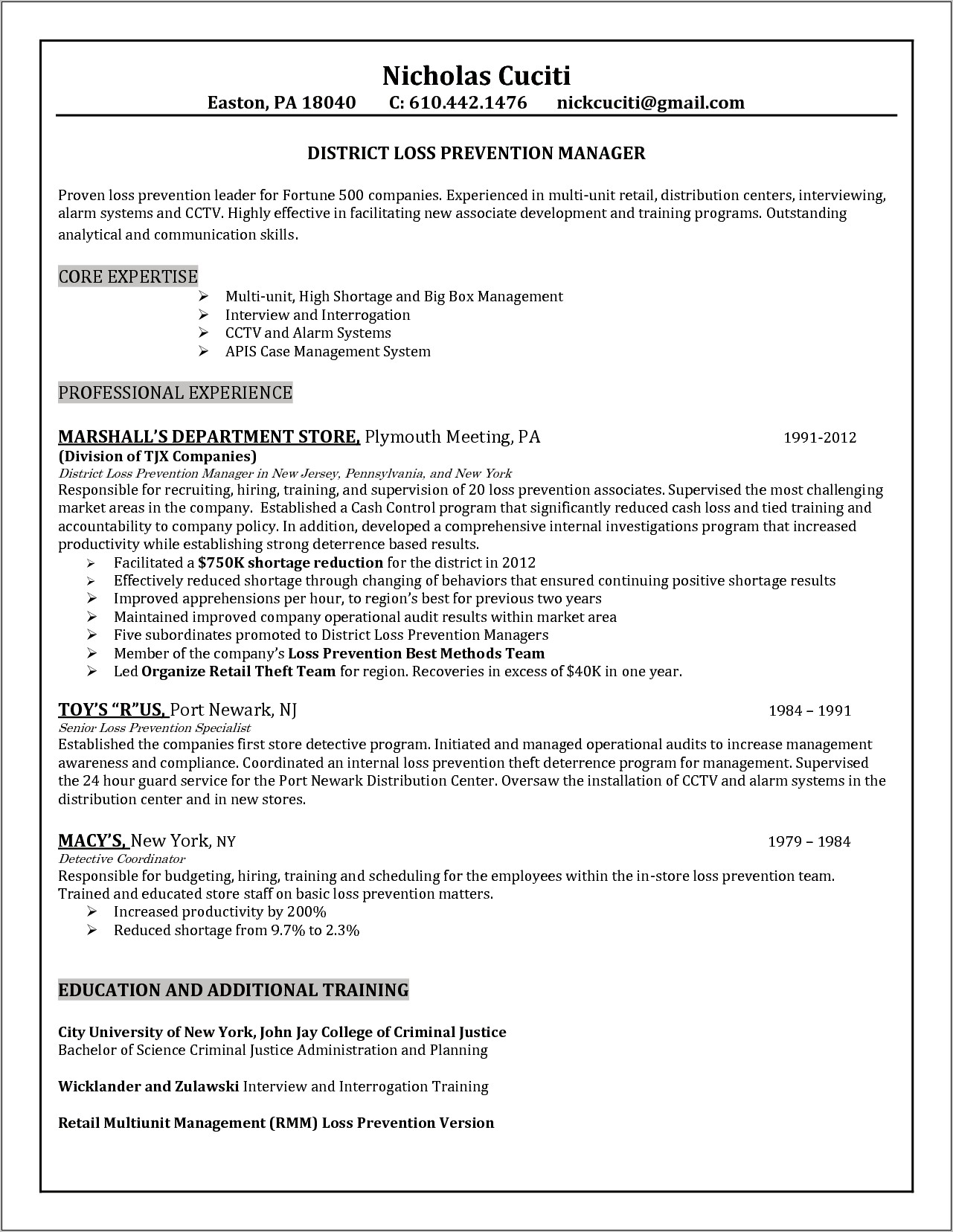 Loss Prevention Job Description Resume