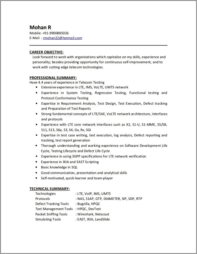 Lte Test Engineer Resume Samples