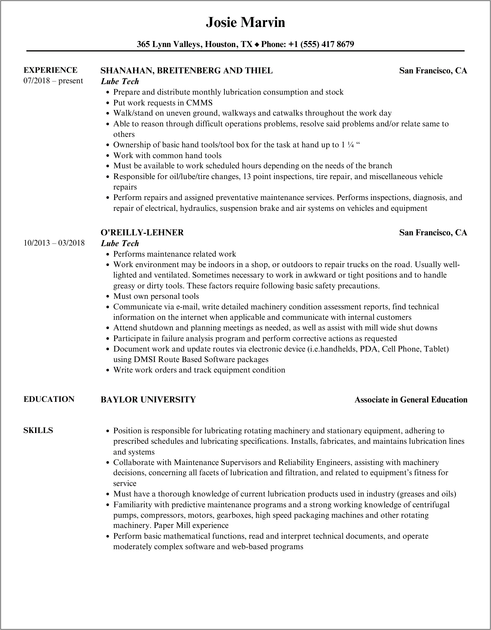 Lube Tech Job Description Resume