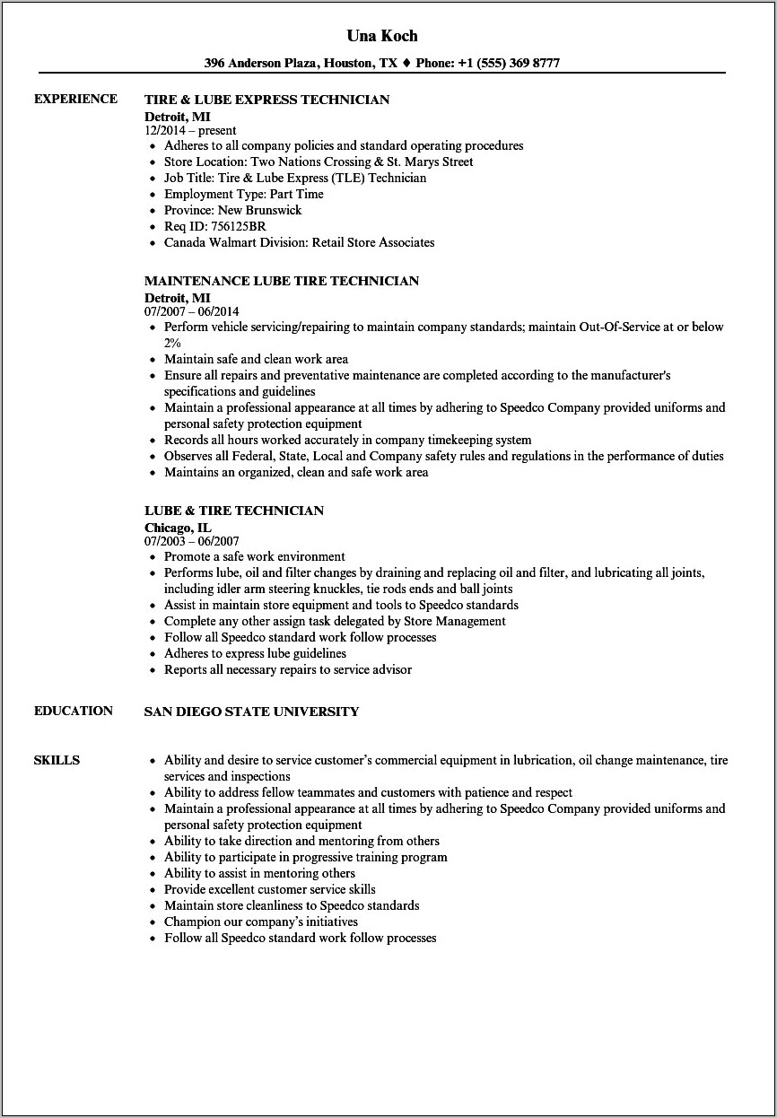 Lube Technician Job Description Resume