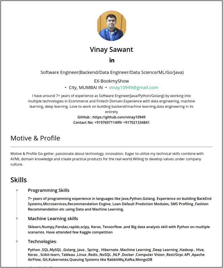 Machine Learning Engineer Sample Resume