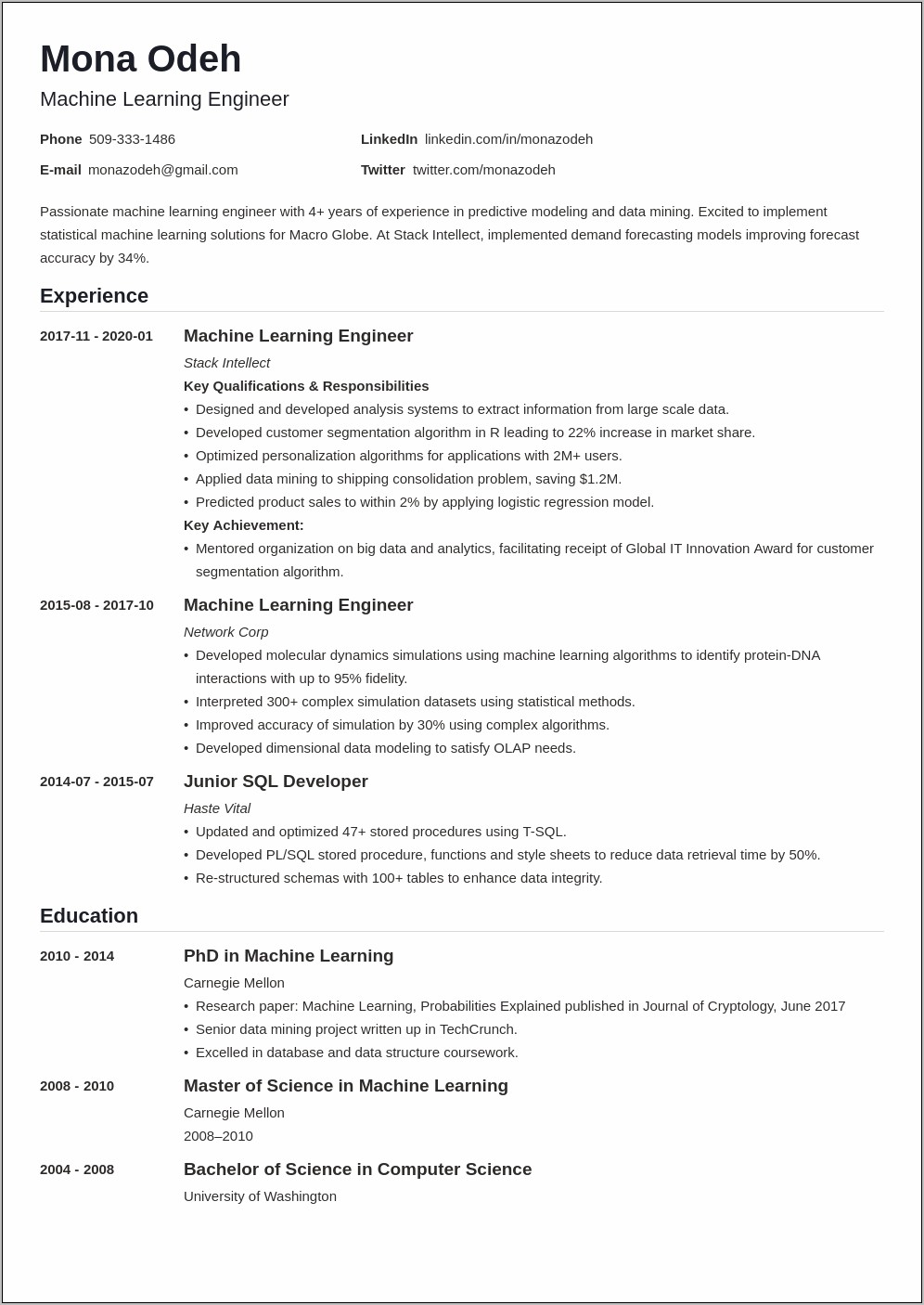 Machine Learning Intern Resume Sample