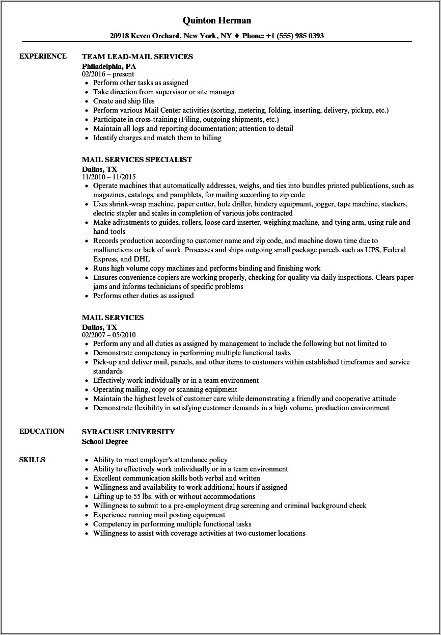 Mail Handler Job Description Resume