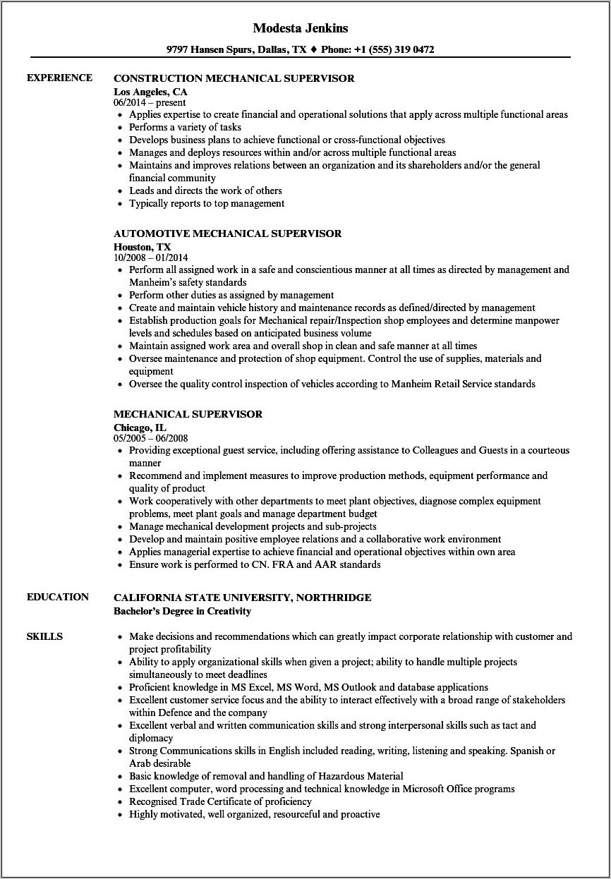 Maintenance Mechanic Supervisor Resume Objective