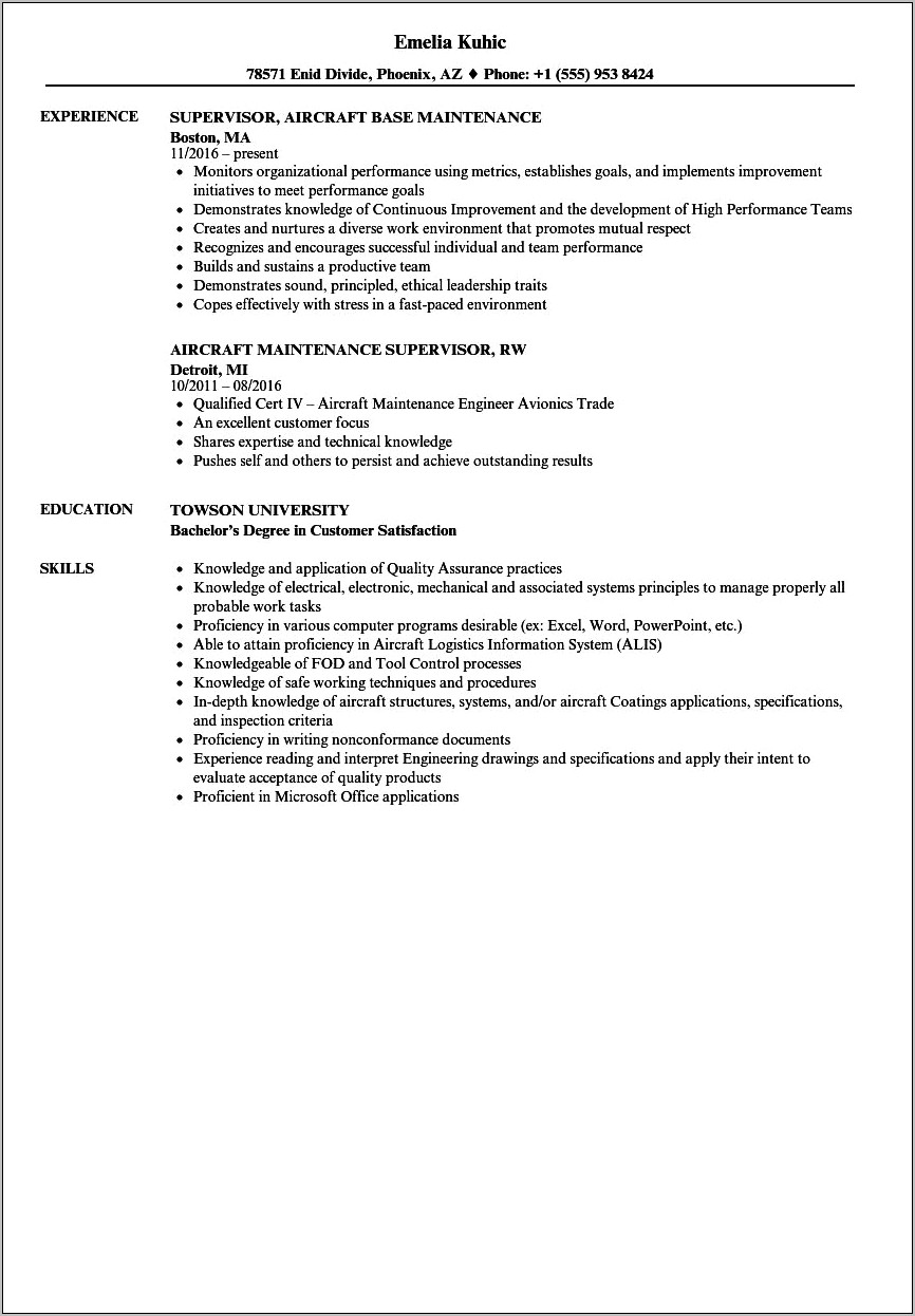 Maintenance Supervisor Job Description Resume