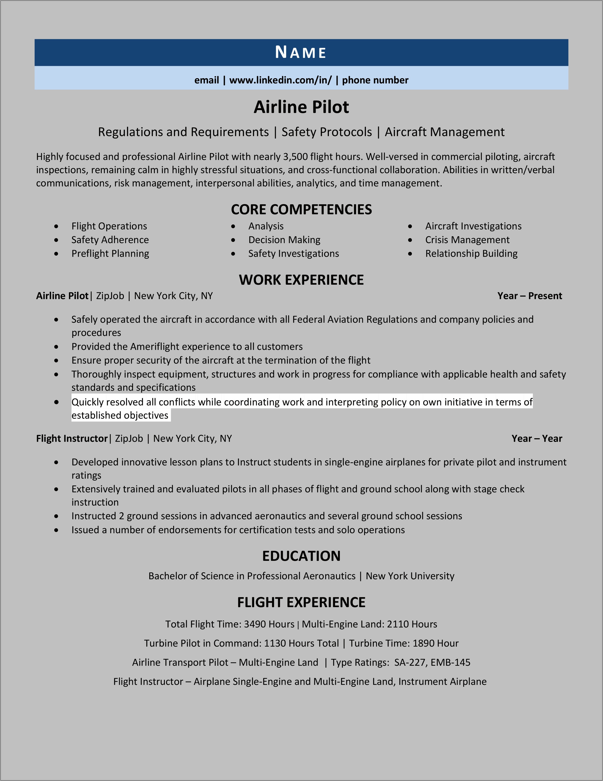 Major Airline Pilot Resume Examples