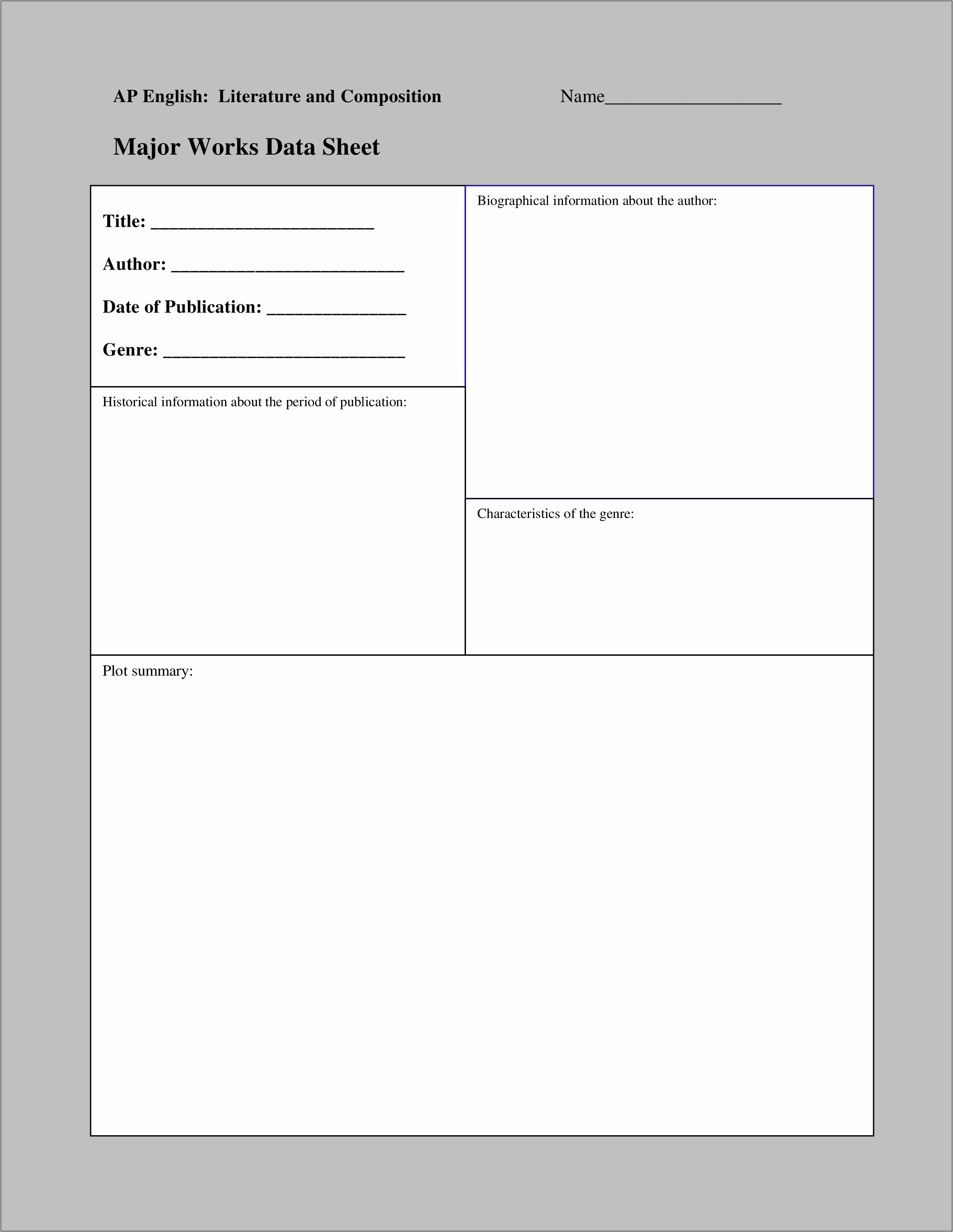 Major Works Data Sheet Template Download