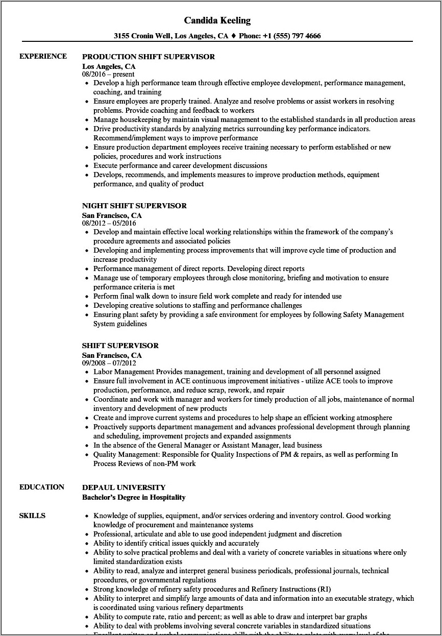 Manage Shifts As Needed Resume