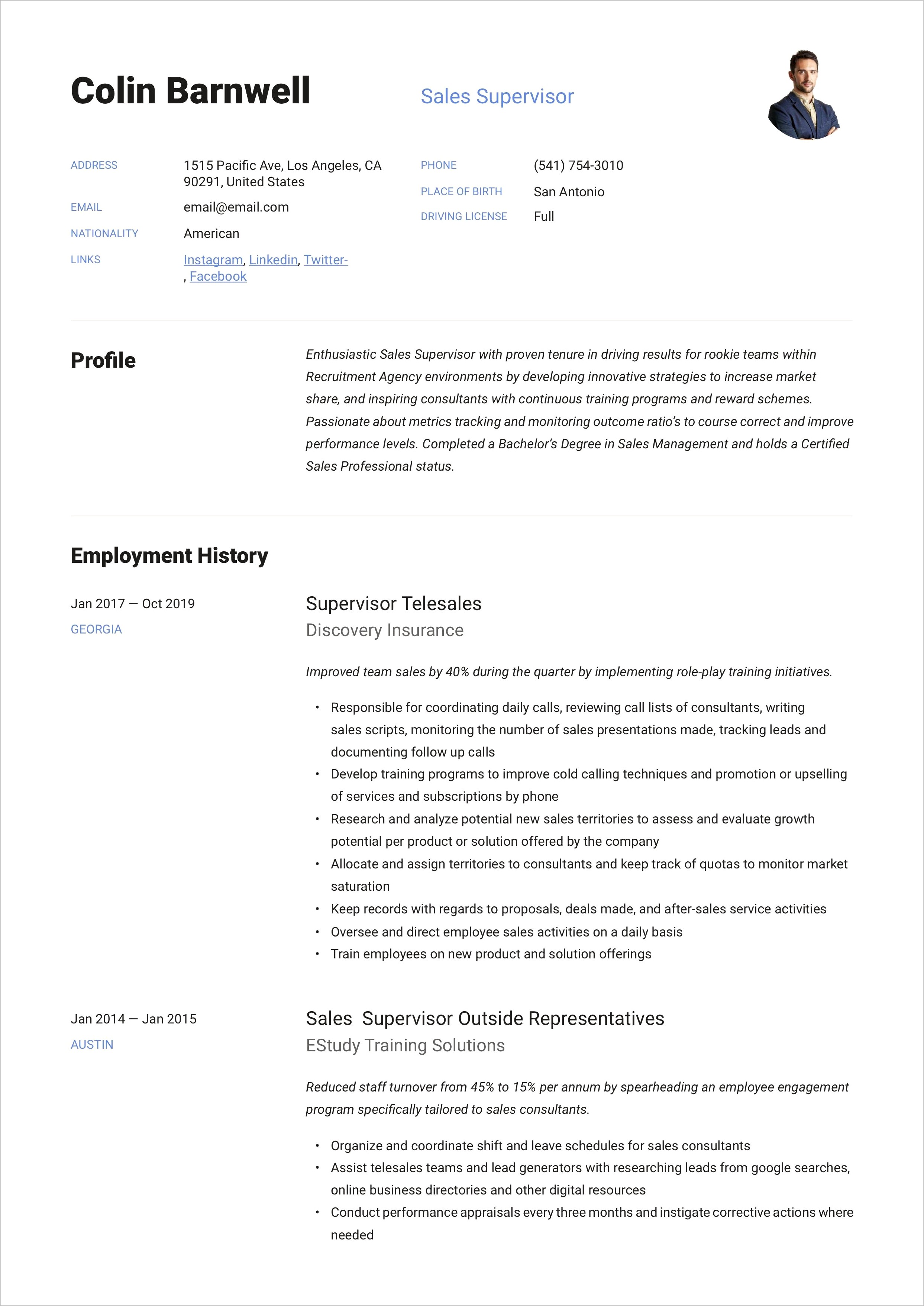 Management And Supervision On Resume