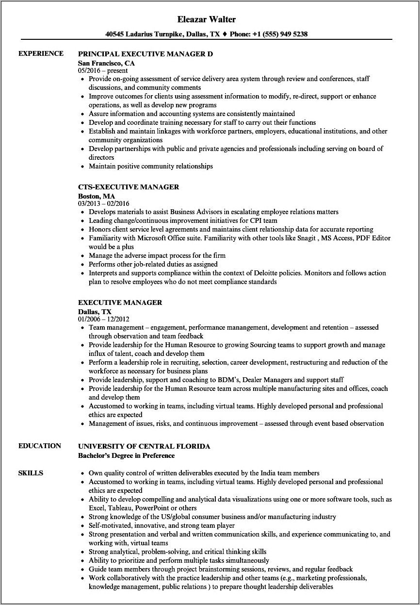 Management Executive Summary Resume Example