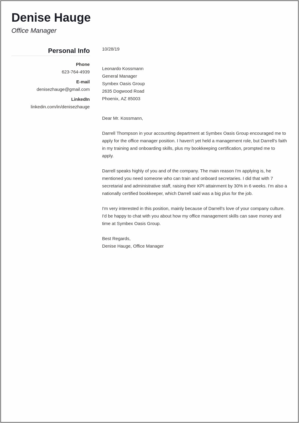 Management Resume Cover Letter Template