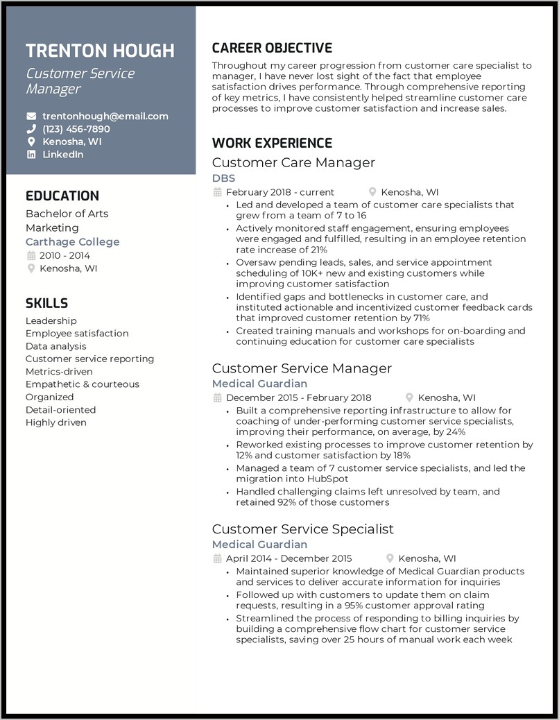 Manager Customer Service Resume Sample