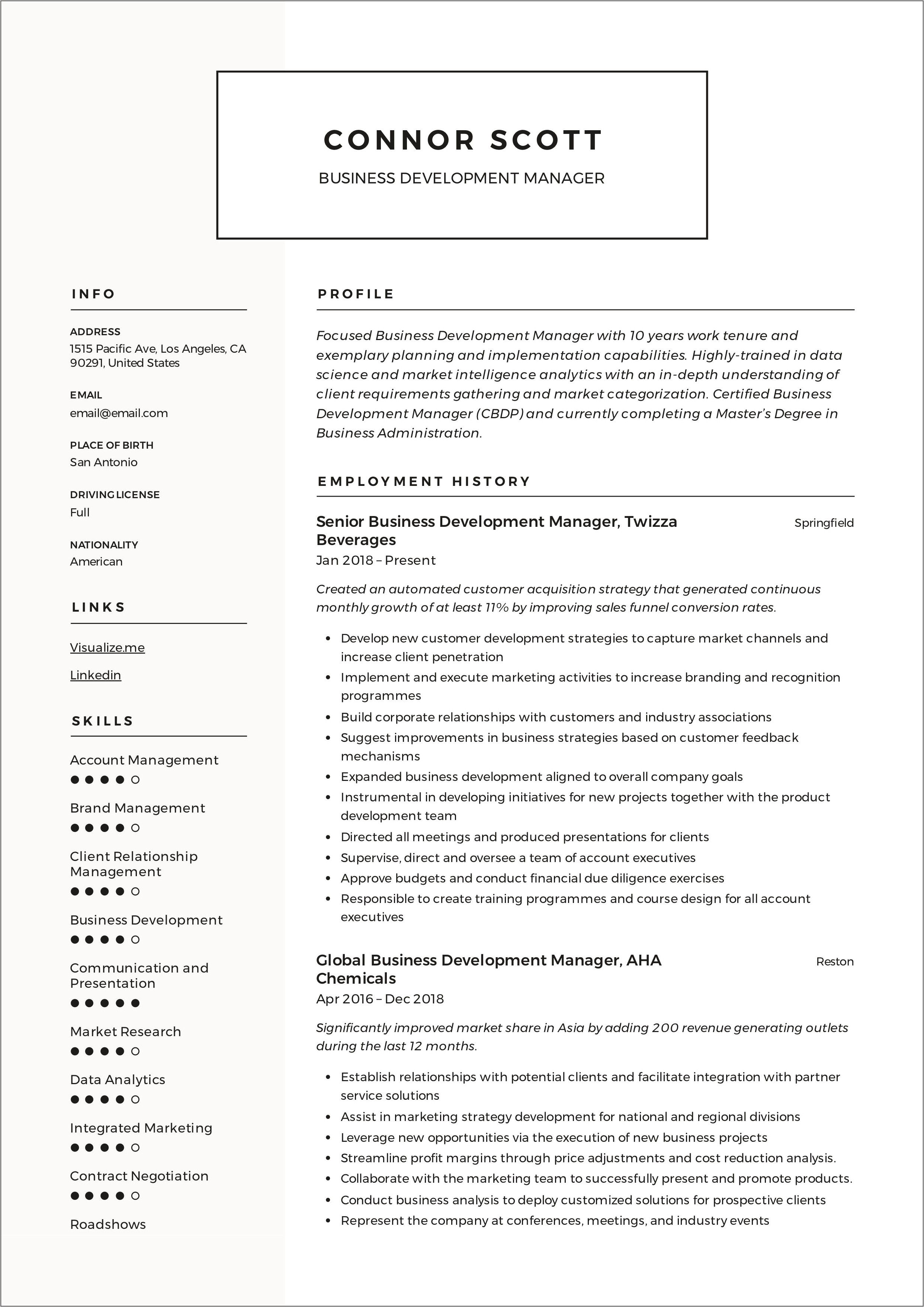 Manager Of Business Analytics Resume