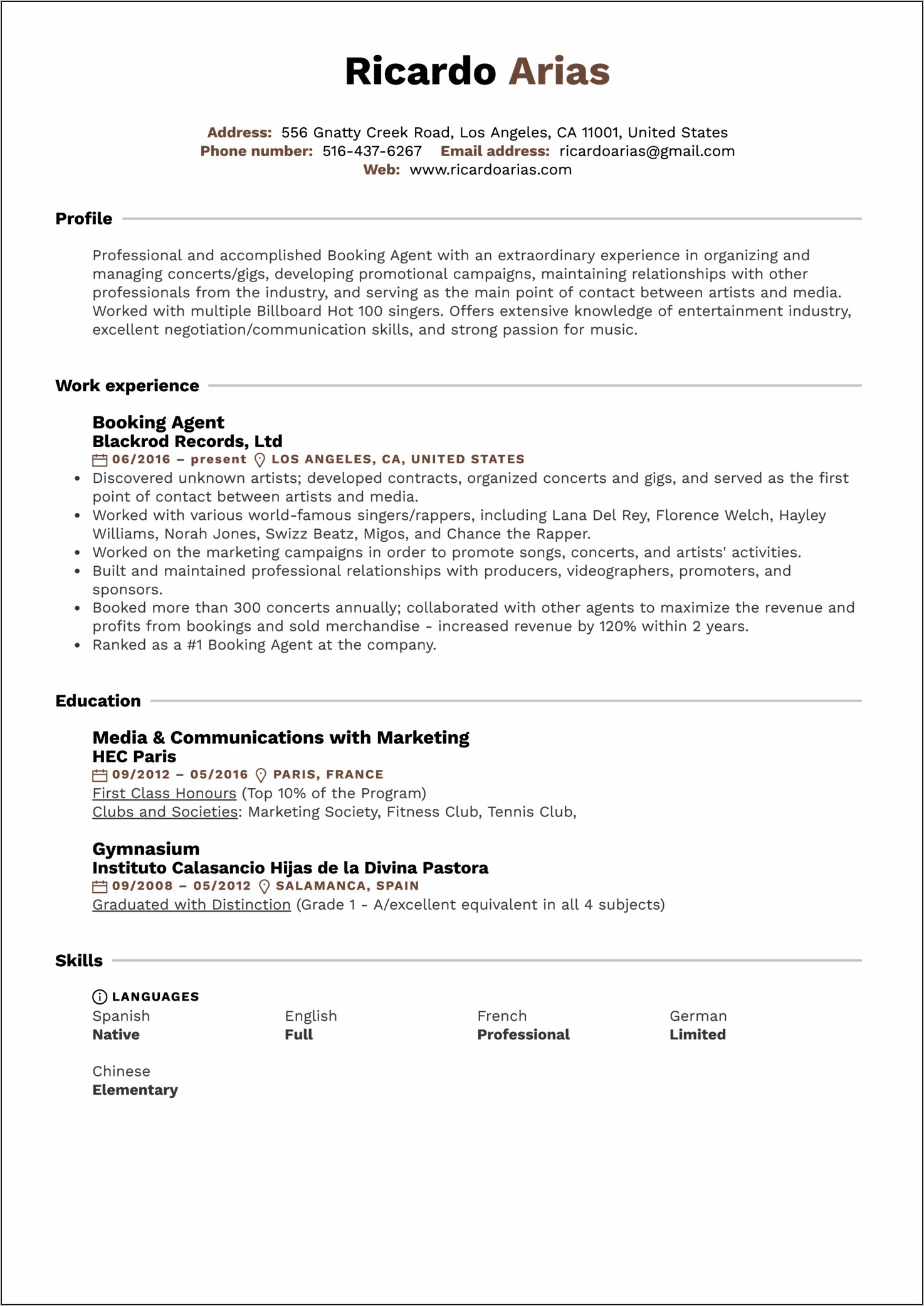 Manager Of Entertainment Talent Resume