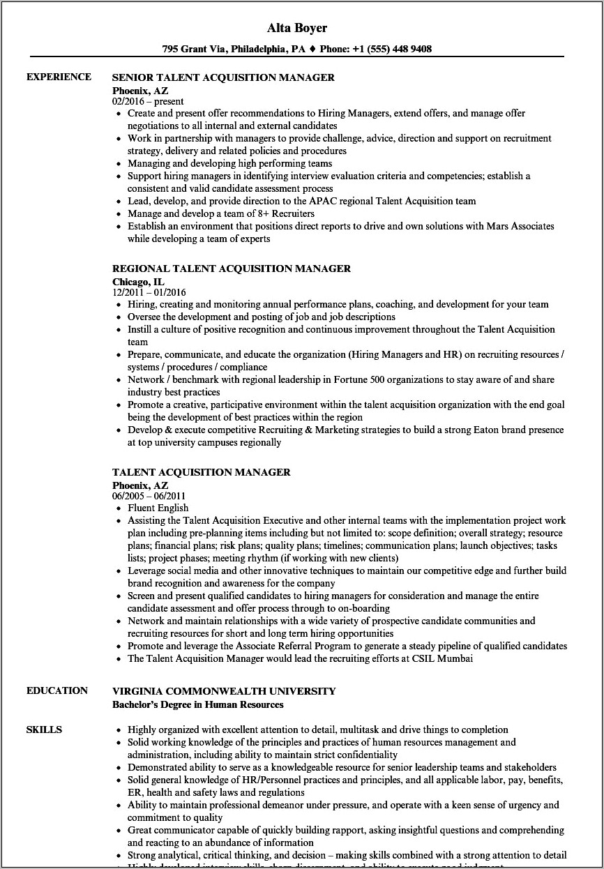 Manager Of Talent Crm Resume