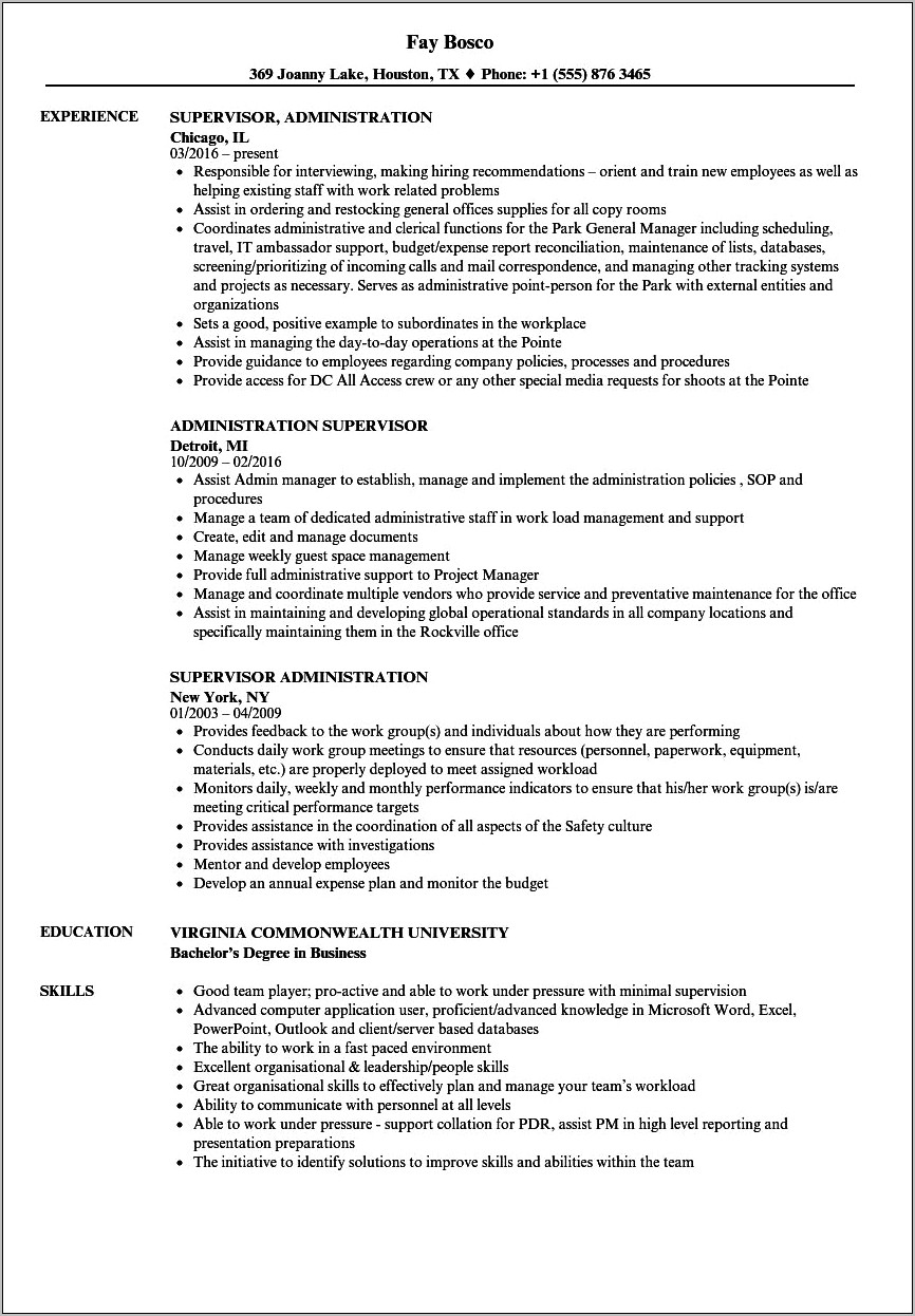 Managing And Supervision On Resume