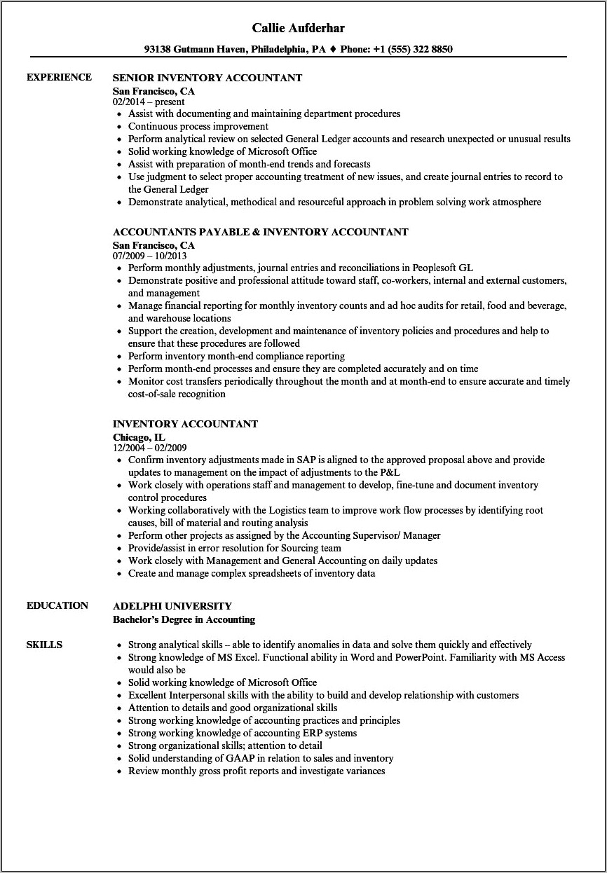 Manufacturing Cost Accountant Resume Sample