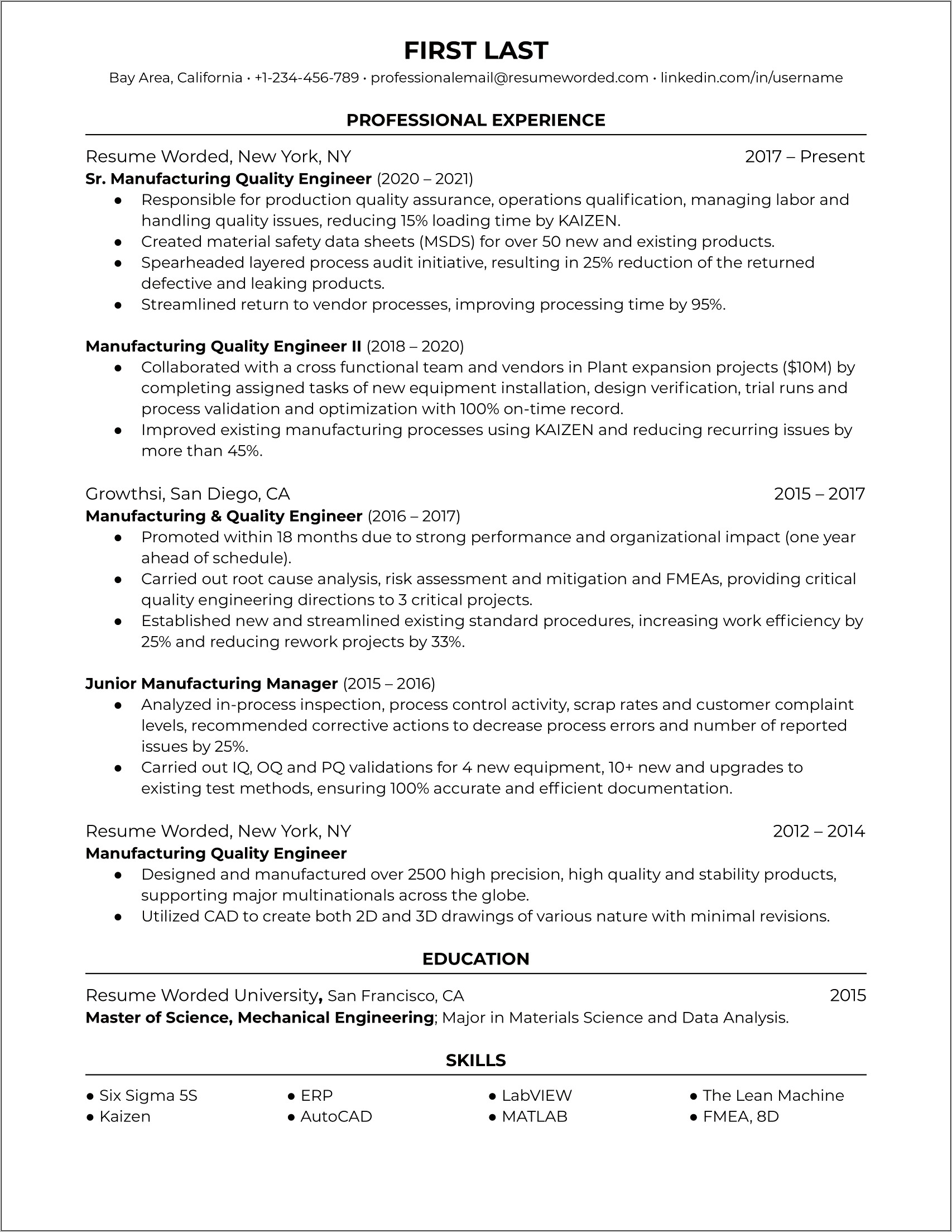 Manufacturing Engineering Manager Resume Examples