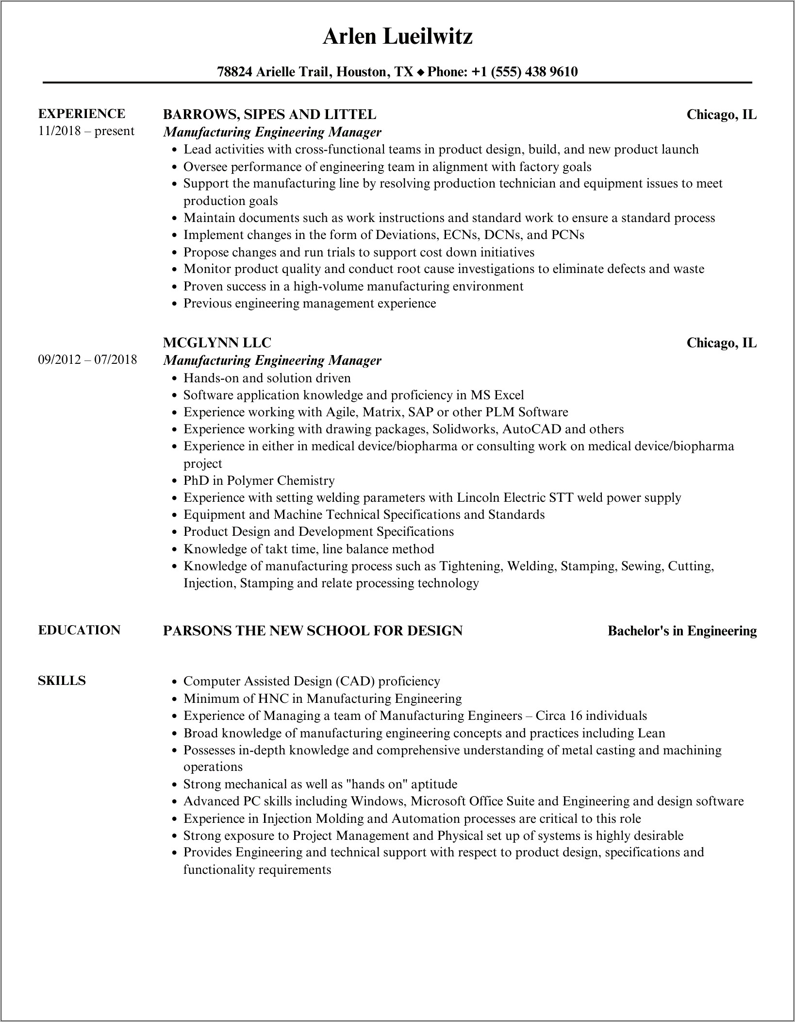 Manufacturing Engineering Manager Resume Summary