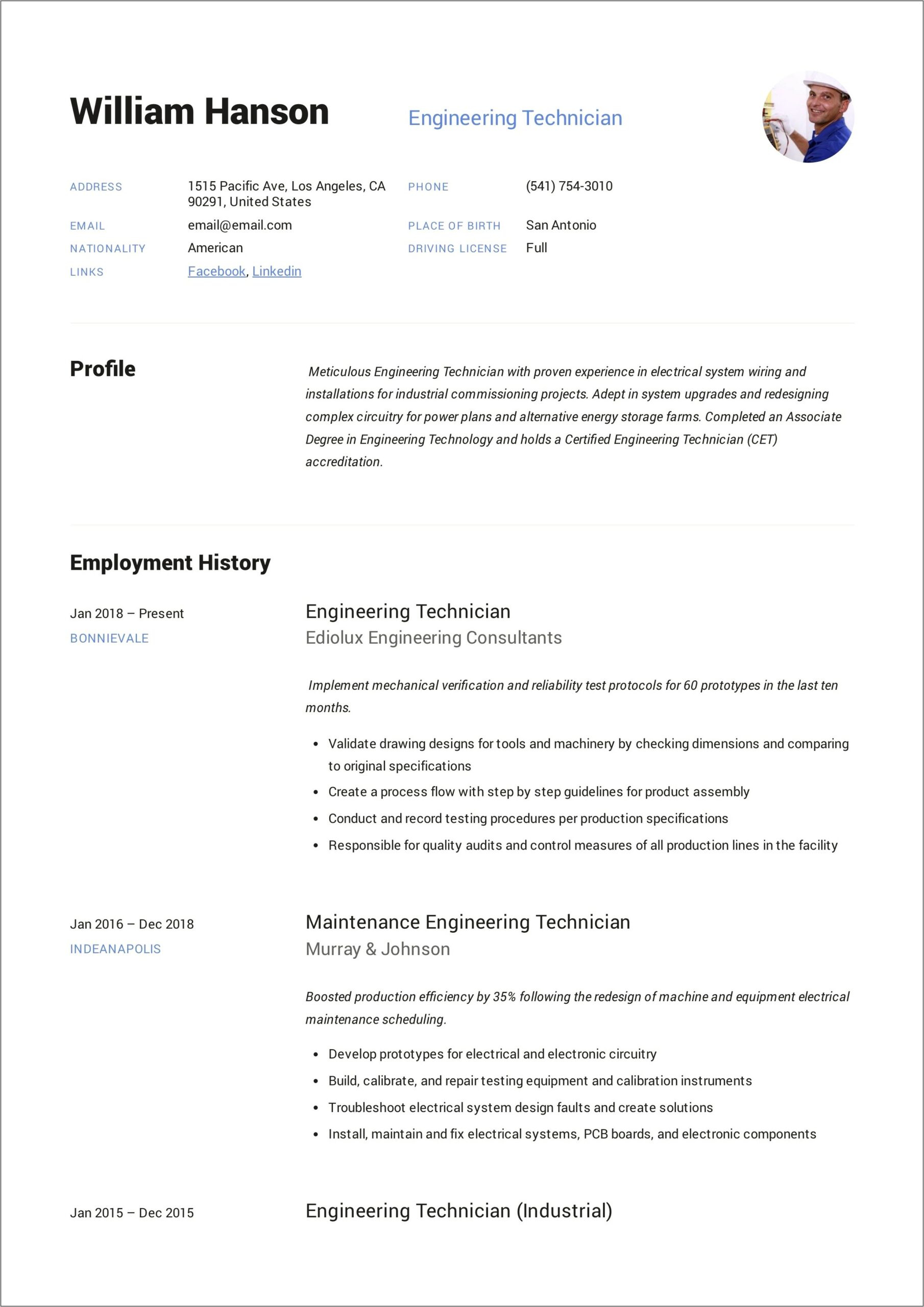 Manufacturing Engineering Technician Resume Sample