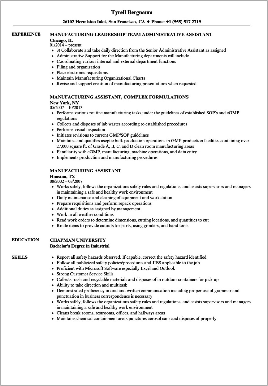 Manufacturing Job Description For Resume