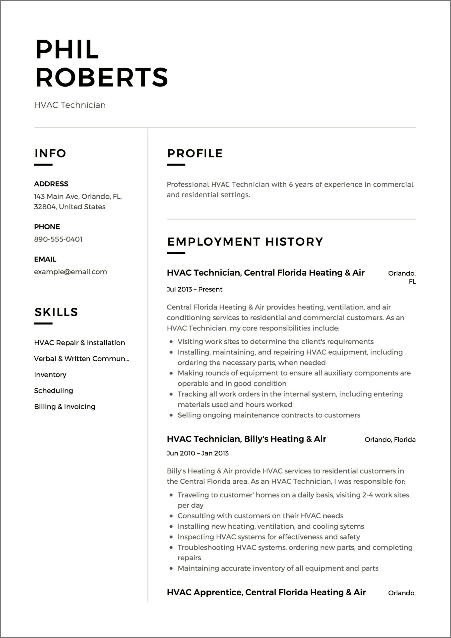 Manufacturing Maintenance Technician Resume Example