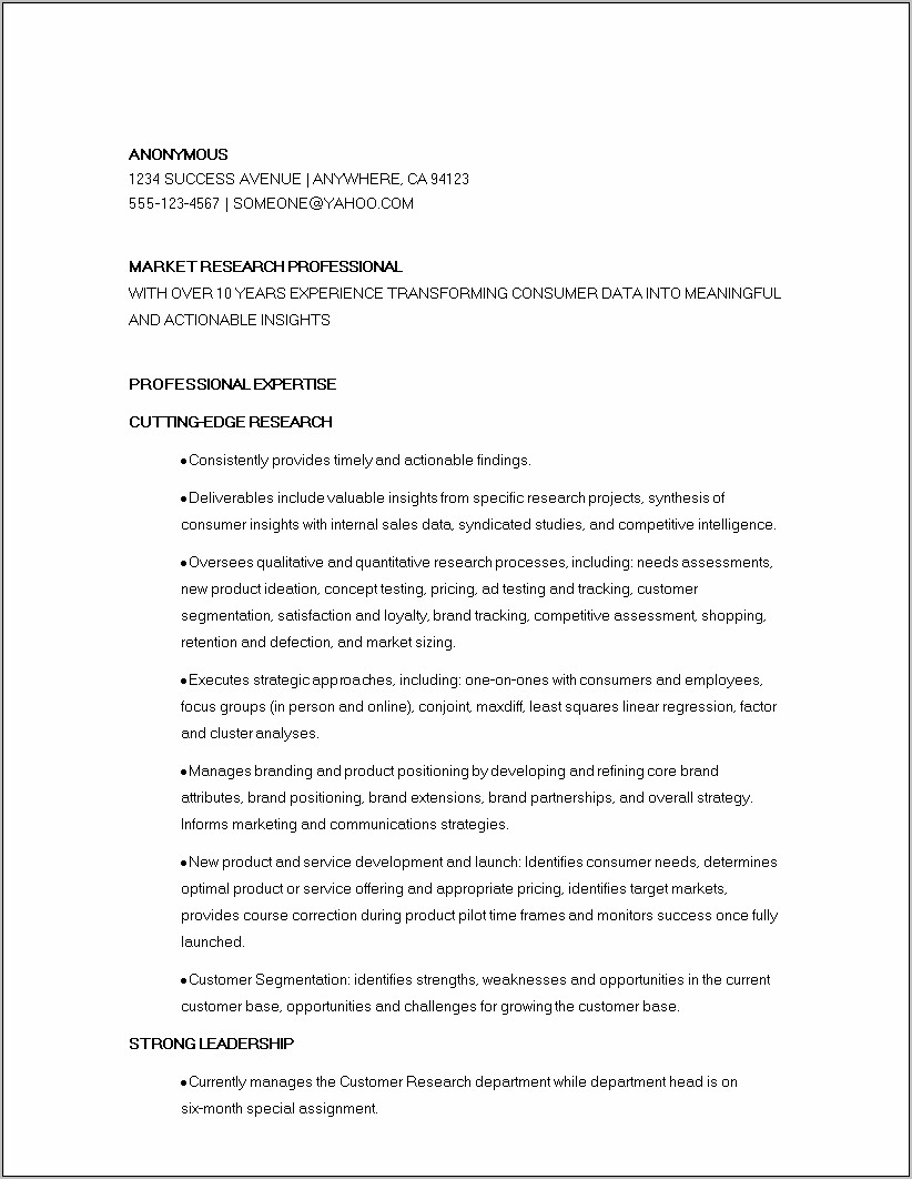 Market Research Manager Resume Sample