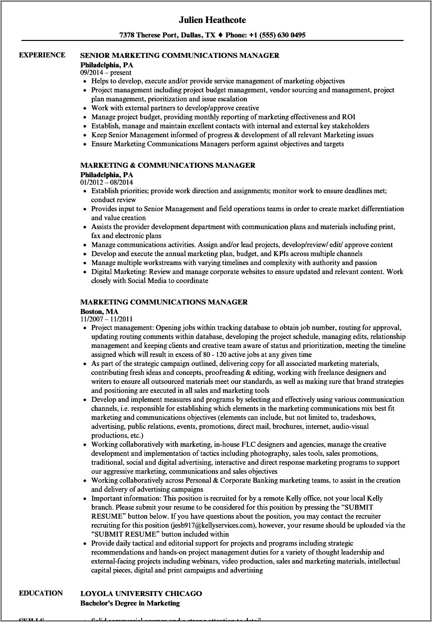 Marketing Communications Manager Resume 2015