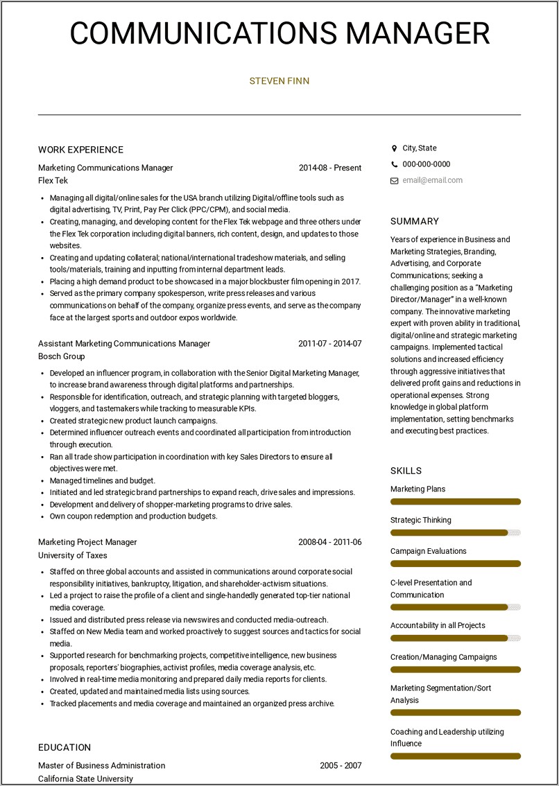 Marketing Communications Manager Sample Resume