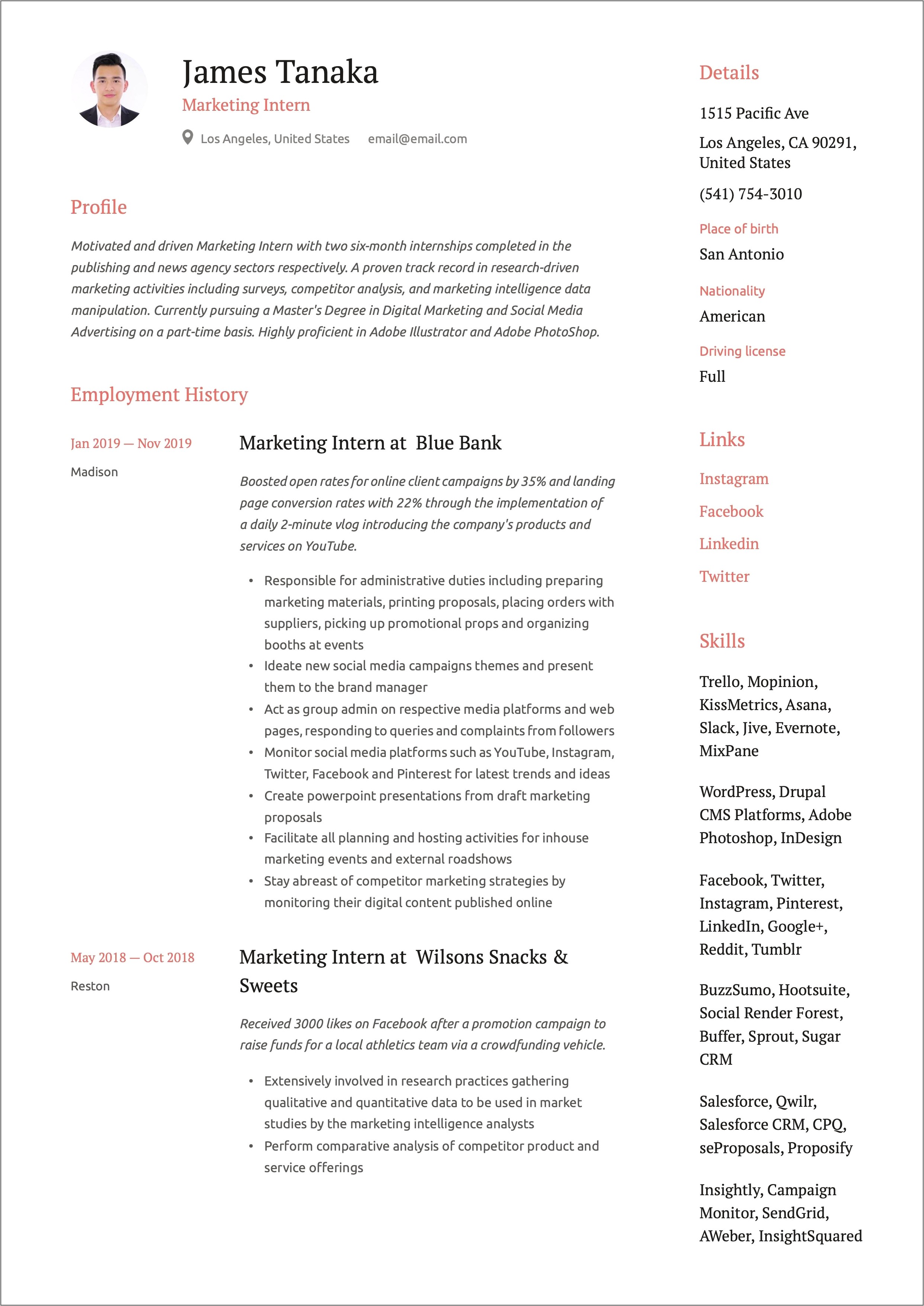 Marketing Intern Resume Profile Examples