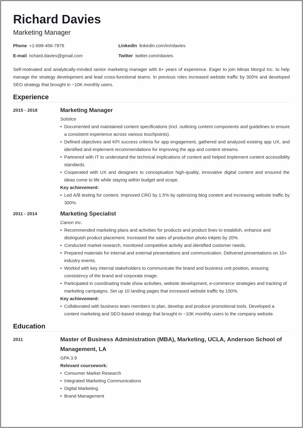 Marketing Job Description For Resume